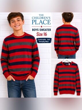 The Children’s Place Boys Striped Sweater Size 16 Red Blue Gray Crewneck